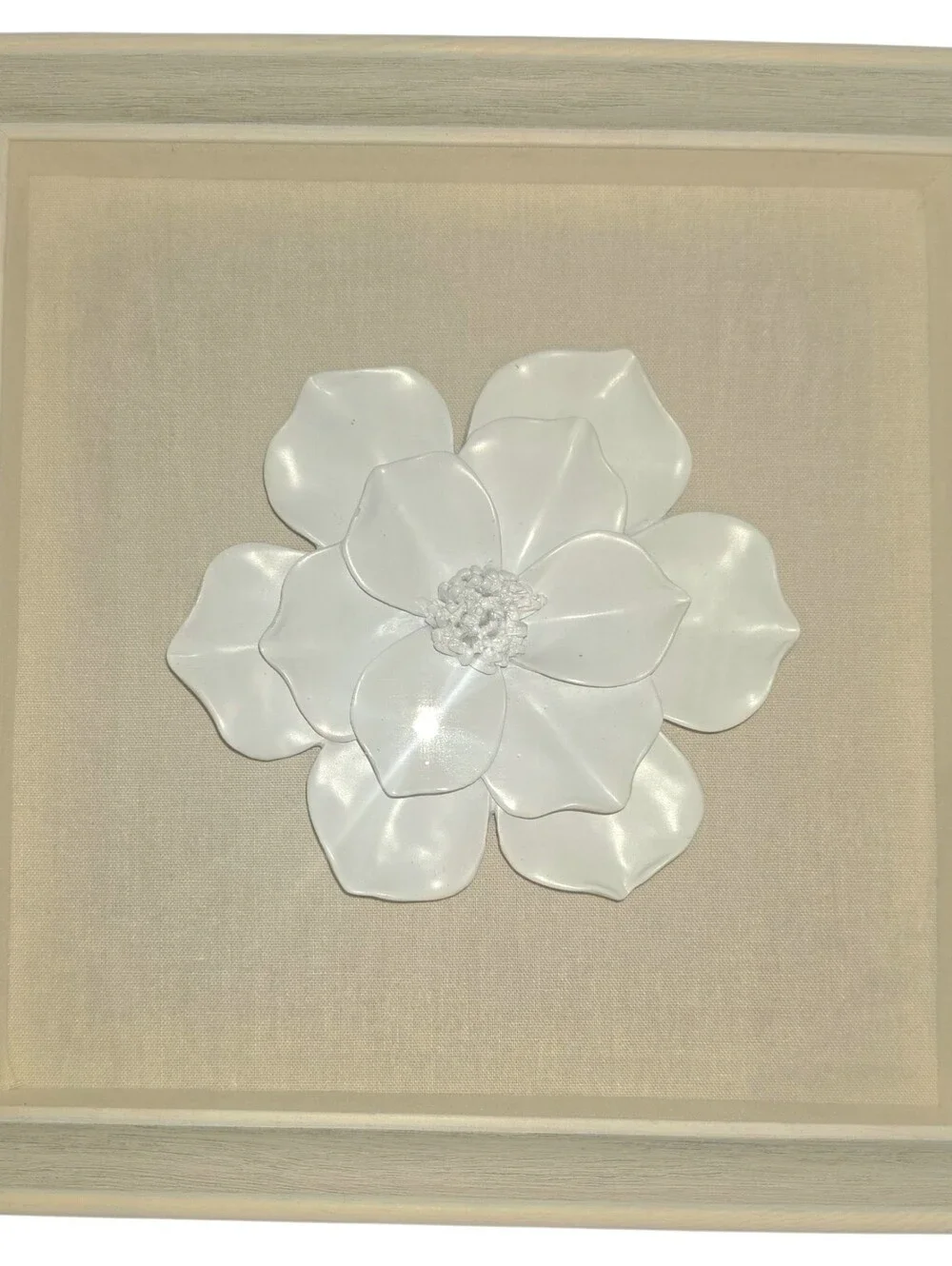 White Tan Wood Framed 3D Ceramic Flower Shadow Box Modern Contemporary Wall Art